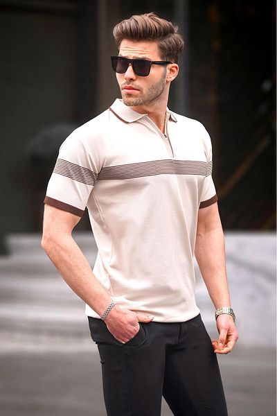 Madmext Steinfarbenes Herren-T-Shirt mit Reißverschluss und detailliertem Polokragen 6879