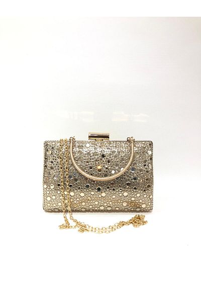womenacs Rochie de seară cu piatră rotundă, picătură de apă, culoare aurie, clutch portofoliu, curea cu lanț, geantă de seară pentru nuntă de logodnă