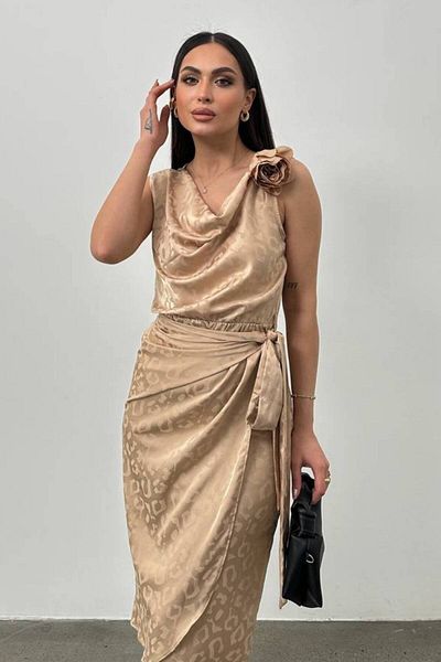 lovebox Satin Rose Accessory Belt Tied Degaje Collar Stylish Shiny Evening Dress & Dress Stp-002