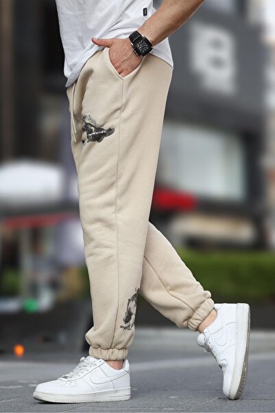 Madmext Bej Erkek Paçası Lastikli  Cep Detaylı Baskılı Eşofman Altı 6553