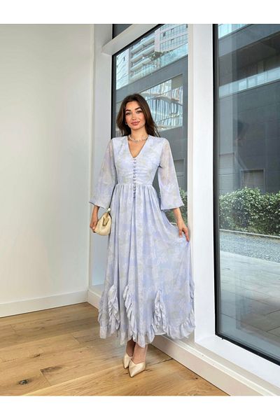 Afiş Butik Rochie din șifon cu volane, cu mâneci din tul albastru, cu decolteu în V