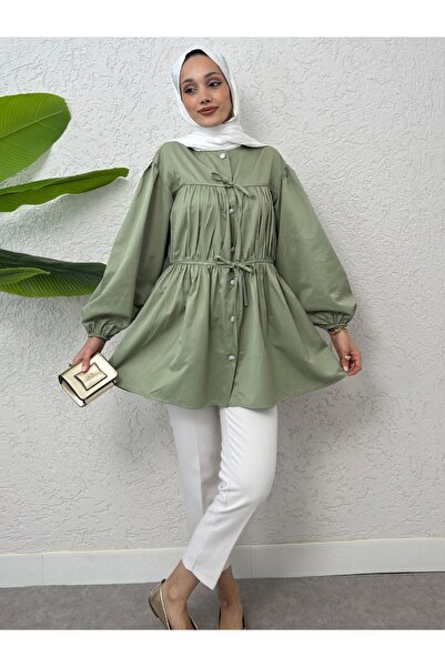 Modamorfo Buttoned Shirt Tunic with Lace-Up Front Detail - Mint