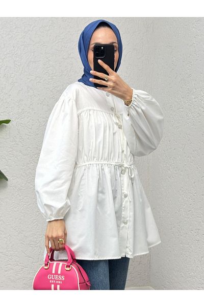 Modamorfo Buttoned Shirt Tunic with Lace-Up Front Detail - Ecru