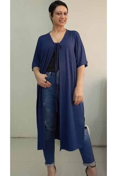 Mertcan Butik Navy Blue V-Neck Front Lacing Bat Low Arm Combed Viscose Short-Sleeve Vest Coat