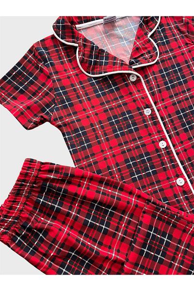 tusem butik homewear Girl's 100% Cotton Red Plaid Pattern Milan Fabric Shirt Collar Buttoned Short Sleeve Pajamas Set