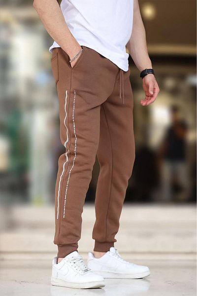 Madmext Ανδρικό Sweatpants 6551 - Καφέ, ελαστικό τύπωμα ποδιών και πλαϊνής ρίγας