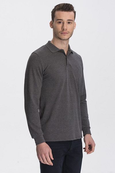 hateko Tricou cu mânecă lungă, gri din bumbac, cu gât polo, afumat