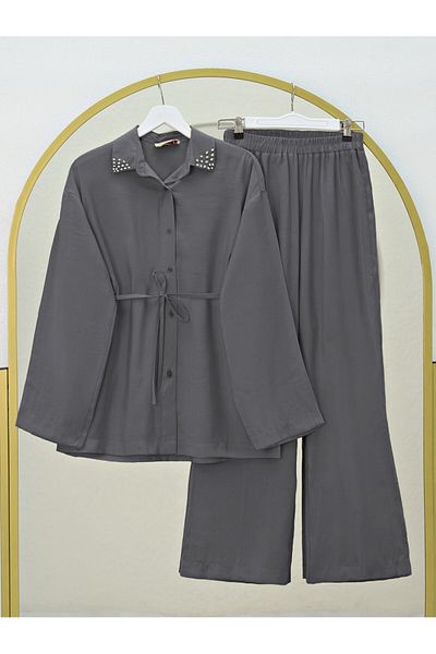 Modamorfo Stoned Collar and Tied Waist Trousers Suit - Smoked