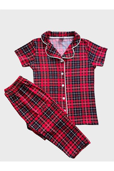 tusem butik homewear Girl's 100% Cotton Red Plaid Pattern Milan Fabric Shirt Collar Buttoned Short Sleeve Pajamas Set