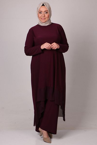 Moda Rosa 25Y37017 - بلوم - بدلة بنطلون ساندي شيفون مقاس كبير