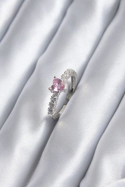 Clariss Silver Color Zircon Stone Pink Crystal Heart Model Women's Ring