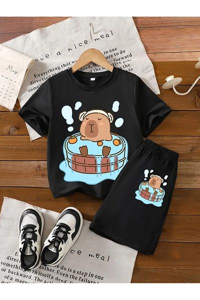 vinraus Girl\Boy Black Capybara Pool Printed Combed Cotton Shorts-Tshirt Set