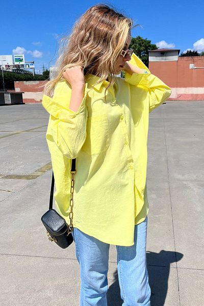 Madmext Κίτρινο Oversize Basic πουκάμισο ποπλίνα με τσέπες Mg1530