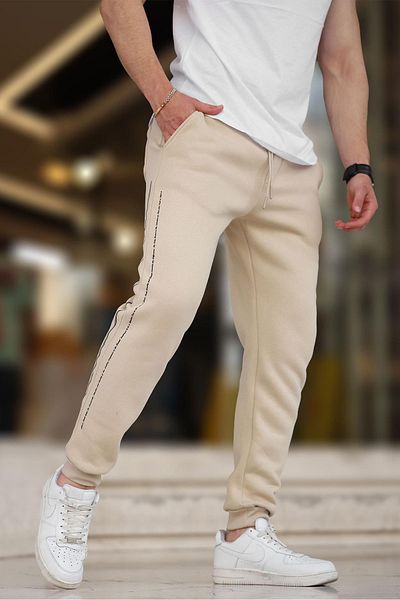 Madmext Beige Herren-Jogginghose – elastisches Bein, seitliche Streifen, bedruckt 6551