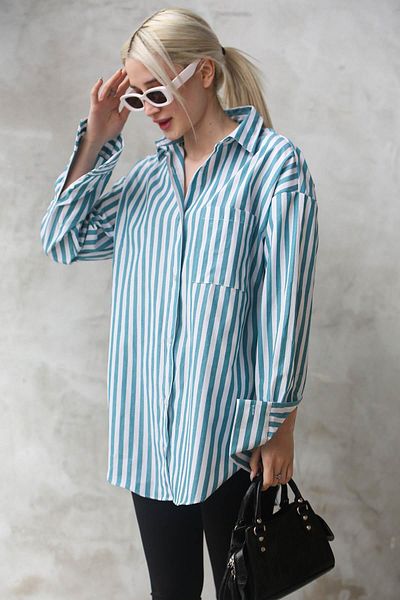 Madmext Türkis gestreiftes Oversize Damen Shirt Mg1688