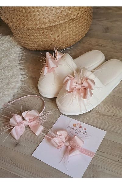 Fiyonks Atölye Feather Bow Maternity Crown Slippers and Baby Hair Band Maternity Set Mother Baby Set