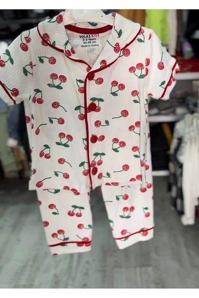 KUMRUNUN DÜNYASI Cherry Printed Short Sleeve Buttoned Pajama Set Girl