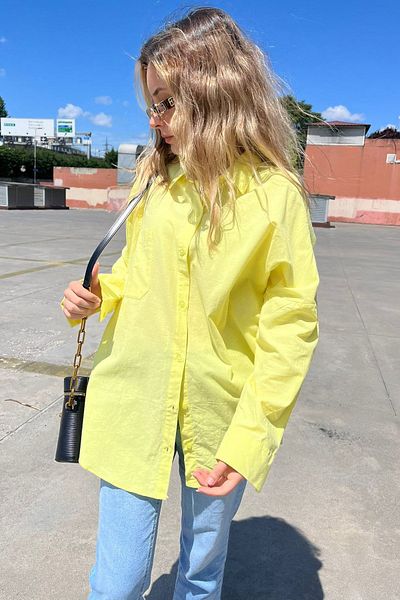 Madmext Κίτρινο Oversize Basic πουκάμισο ποπλίνα με τσέπες Mg1530