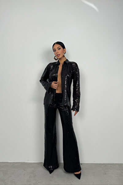 Black Fashion قميص أسود كبير الحجم مزين بالترتر