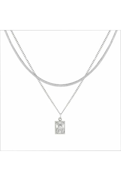 Fjellor Dobby 2'li İtalyan Zincirli Zirkon Taşlı Gümüş Renkli Erkek Kararmaz Çelik Kolye