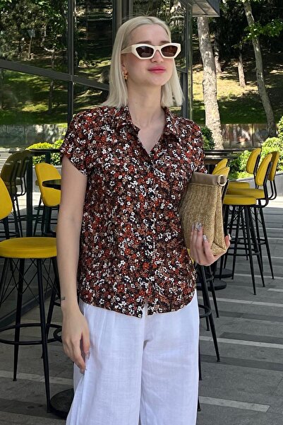 Madmext Kahverengi Çiçek Desenli Kısa Kollu Kadın Gömlek MG2098