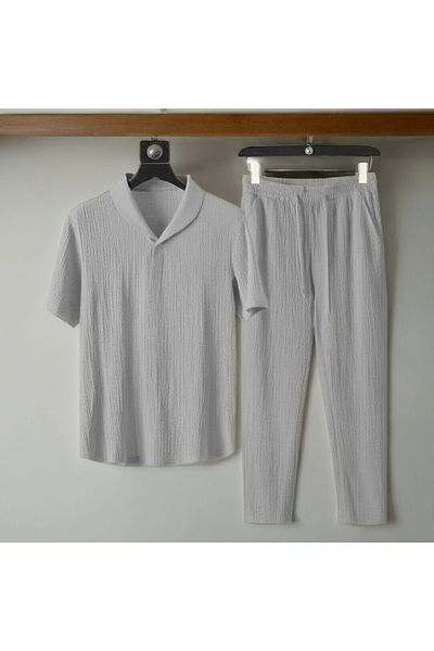 Fifty Color Alaçatı Style Men's Wrinkled Crinkle Fabric Summer Lycra Polo Collar Tshirt and Sweatpants Suit Combination