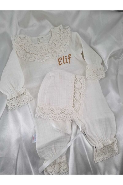 Bebek Çikolatası İsme Özel Nakışlı Müslin Dantel Bebek Tulum ve Şapka Seti | ...