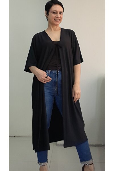 Mertcan Butik Black V-Neck Front Lacing Bat Low Sleeve Combed Viscose Vest Coat