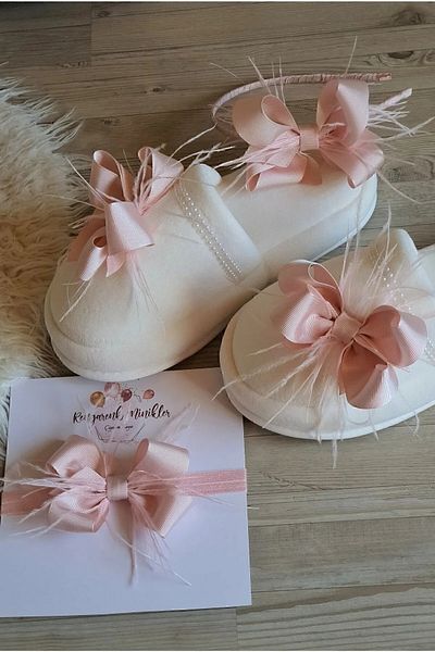 Fiyonks Atölye Feather Bow Maternity Crown Slippers and Baby Hair Band Maternity Set Mother Baby Set