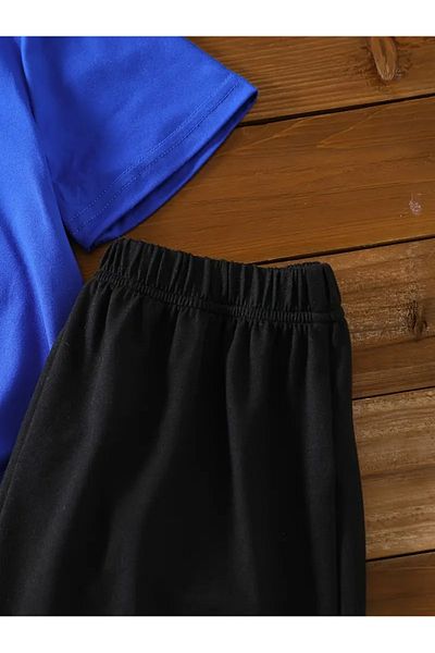 vinraus Girl\Boy Saks Blue-Black Capybara Pool Printed Combed Cotton Shorts-Tshirt Set