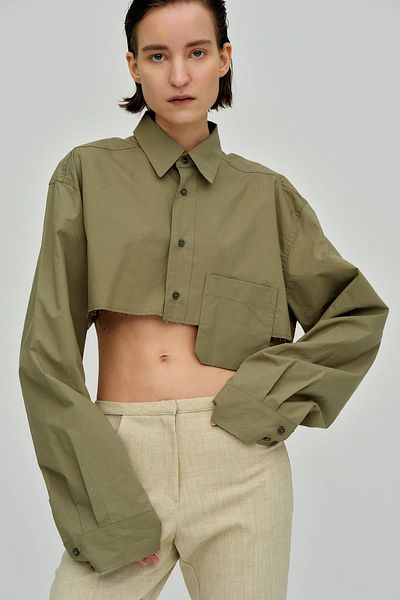 Madmext Khaki Pocket Detailed Crop Shirt Mg1644