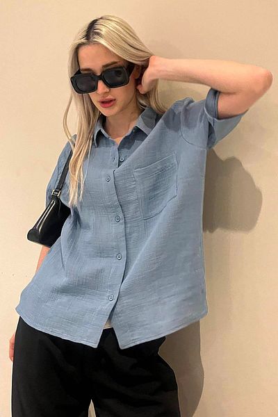 Madmext Γυναικείο πουκάμισο Blue Muslin Fabric Basic Mg1784