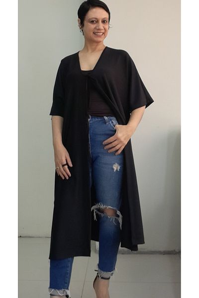 Mertcan Butik Black V-Neck Front Lacing Bat Low Sleeve Combed Viscose Vest Coat