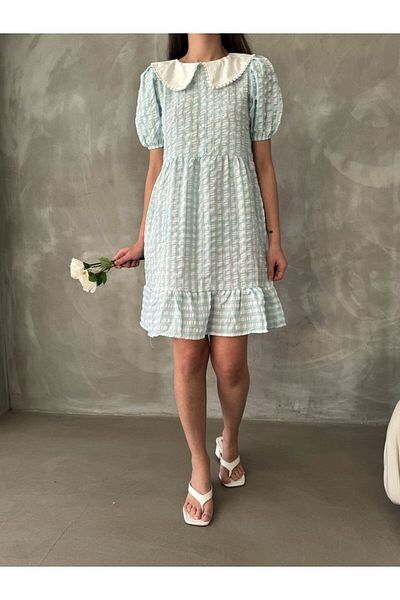 HARVESSE Rochie de damă albastră cu model în carouri vintage cu decolteu