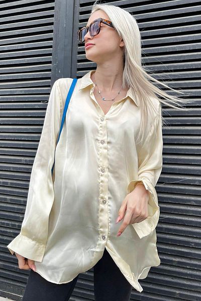 Madmext Beige Basic-Damen-Satinhemd Mg1326