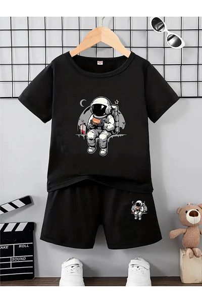 vinraus Girl\Boy's Black Astronaut Hamburger Printed Shorts-Tshirt Set