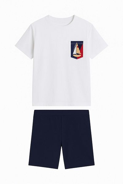 wakawakakidsstore Costum pentru băieți - Tricou alb cu imprimeu și pantaloni scurți bleumarin