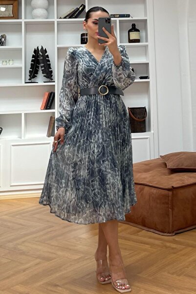 Madmext Bej V Yaka Beli Lastikli Desenli Şifon Elbise MG2225