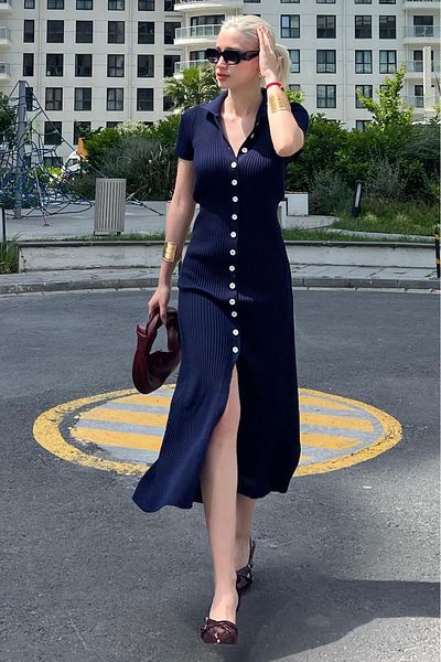 Madmext Φόρεμα με λαιμόκοψη Navy Blue Μακρύ Πλεκτό - MG2078 με κουμπιά