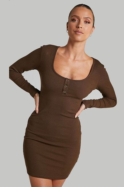 Madmext Hnědé mini dámské šaty Basic s dlouhým rukávem Mg1700