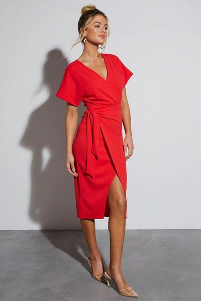 Madmext Women's Double Breasted Collar Red Midi Dress MG2036