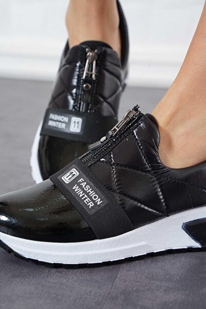 Moda Pie Vierm Ön Fermuarlı Paraşüt Kadın Spor Ayakkabı Siyah Rugan