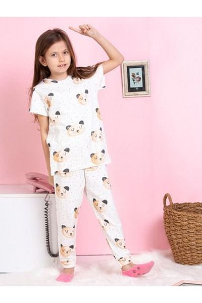 Yağmur Giyim Elmkp Ecru Teddy Bear Pattern Twill Fabric Girls Pajama Set 3-10 Years 1110