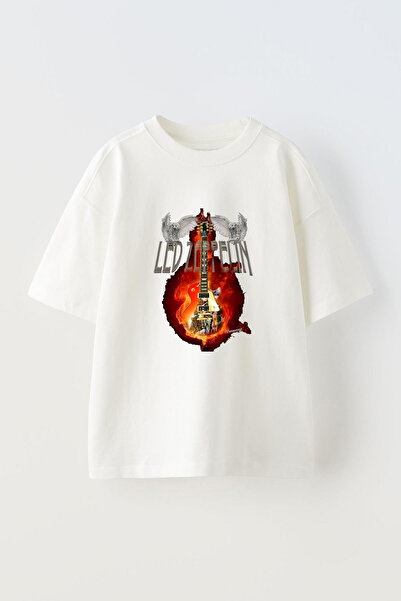 Anetos Tricou oversize alb din bumbac cu imprimeu pe față Led-Zeppelin