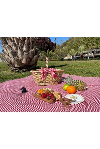 Beyaz Atölyem Double Colored Bow Picnic Basket and Tableware Cloth Set