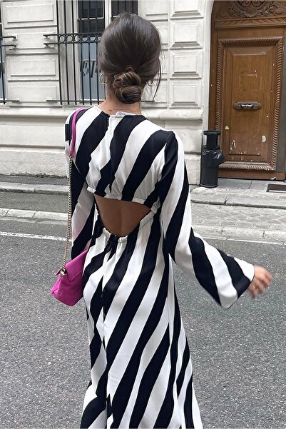 Madmext Siyah Çizgili Sırt Detaylı Uzun Elbise Mg1443