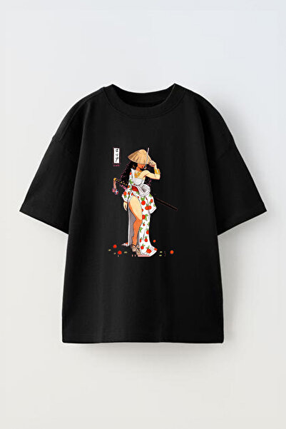 Anetos Μπλουζάκι Anime Maria Girl Design Μπροστινό με τύπωμα Βαμβακερό Μαύρο oversized