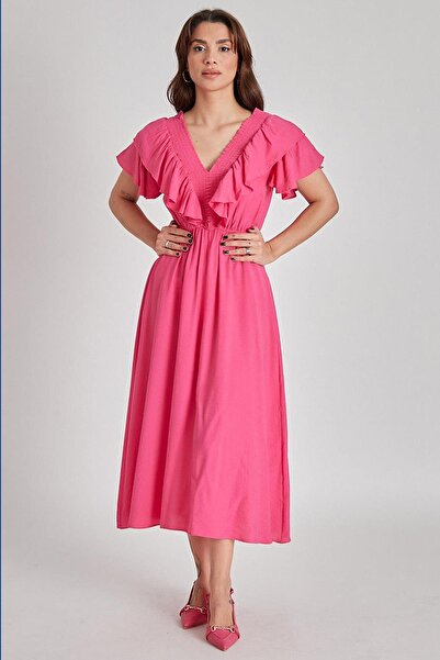 Madmext Fuchsia V-Neck Elastic Dress Mg1842