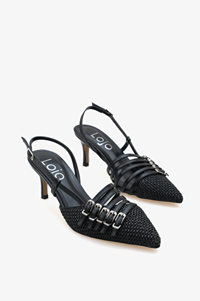 LOJO Kadın Stiletto Sivri Burun Kemer Detaylı Arkası Açık Topuklu Ayakkabı Au...