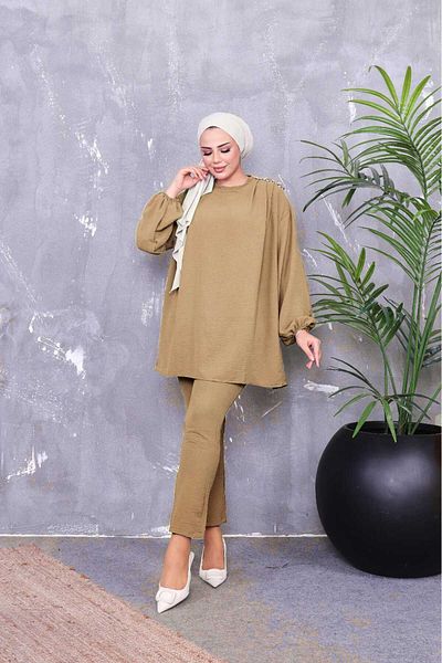 zümrüt moda Chain Detailed , Balloon Sleeve Tunic and Pants, Double Tunic Suit 1407